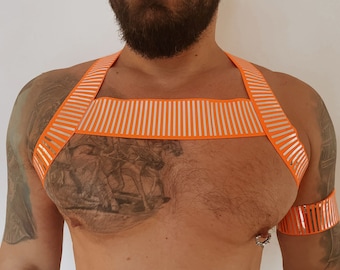 Neon Orange Elastic Chest Harness: Circuit Rave Outfit