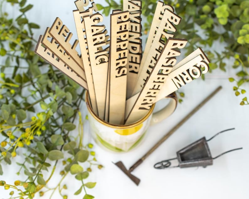 May include: A set of wooden plant markers with various plant names written on them, including "Lavender", "Peppers", "Garlic", "Corn", "Raspberry", and "Bay Leaf". The markers are in a ceramic mug with a floral design.