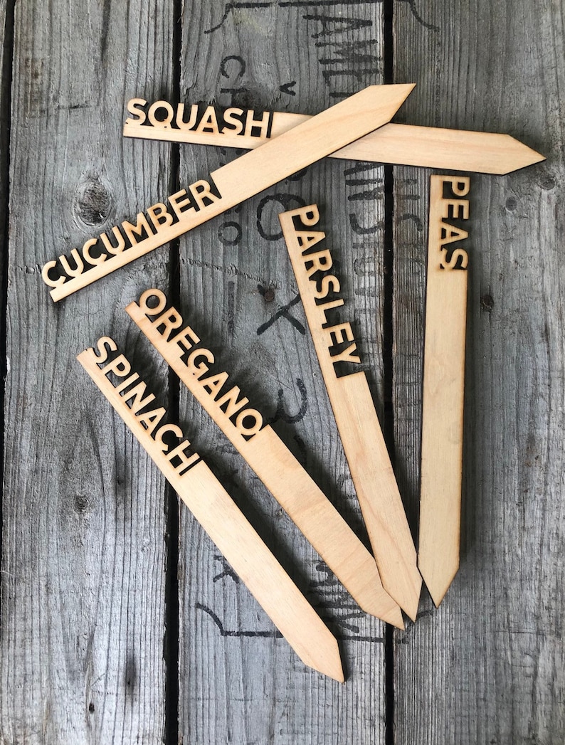 May include: Wooden plant markers with the words "Squash", "Cucumber", "Parsley", "Peas", "Oregano", and "Spinach" written on them.