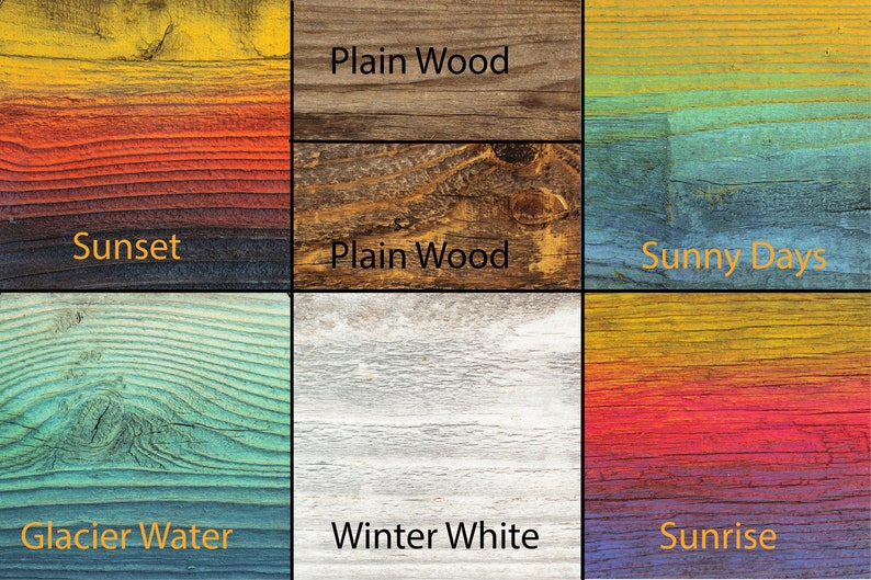 Peut inclure: Six &eacute;chantillons de bois, chacun peint dans un sch&eacute;ma de couleurs diff&eacute;rent. Les couleurs comprennent le jaune, l'orange, le rouge, le bleu, le vert et le blanc. Les &eacute;chantillons sont &eacute;tiquet&eacute;s avec les noms suivants : Bois Naturel, Coucher de Soleil, Journ&eacute;es Ensoleill&eacute;es, Eau de Glacier, Blanc d'Hiver et Lever de Soleil.