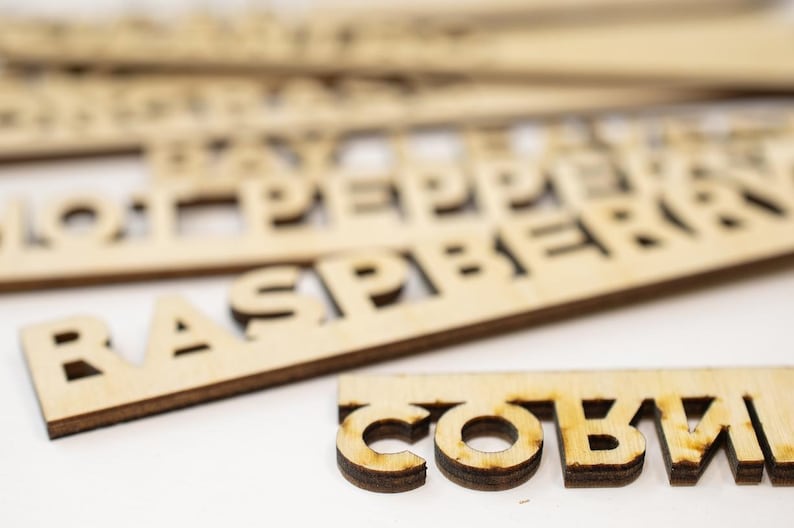 May include: Wooden craft pieces with the words "Raspberry", "Pepper", "Clover", and "Corn" cut out.
