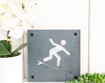 Surfer Metal Wall Art on Reclaimed Wood, Surf Sign, Beach House Decor