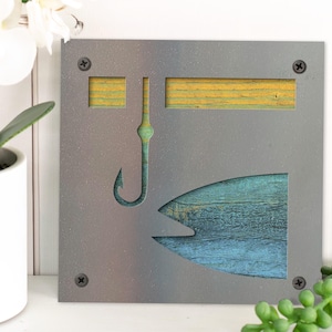 Metal and Reclaimed Wood Fishing Sign: Rustic Fisherman Decor