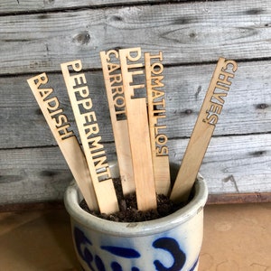 May include: A set of six wooden plant markers with different herb names written on them. The markers are in a blue and white ceramic pot filled with brown soil. The names on the markers are: Radish, Peppermint, Carrot, Dill, Tomatillos, and Chives.