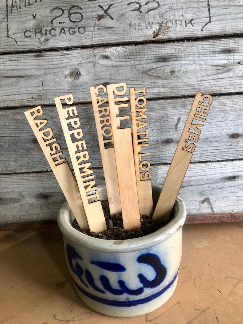 May include: A set of six wooden plant markers with different herb names written on them. The markers are in a blue and white ceramic pot filled with brown soil. The names on the markers are: Radish, Peppermint, Carrot, Dill, Tomatillos, and Chives.