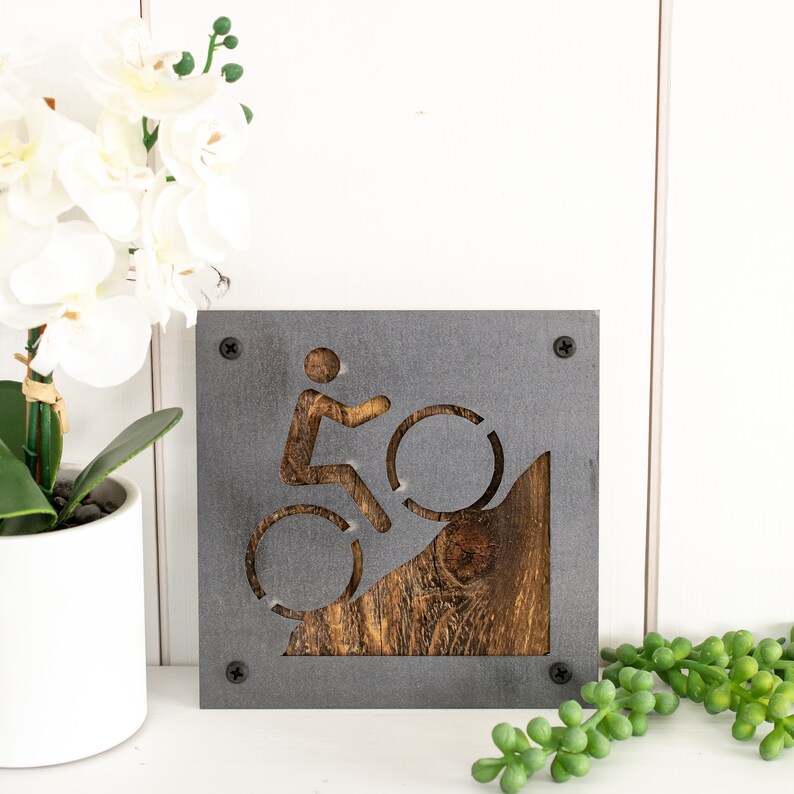 Peut inclure: Une plaque en m&eacute;tal gris avec une d&eacute;coupe repr&eacute;sentant une personne &agrave; v&eacute;lo qui monte une colline. La colline est en bois avec une teinte brune.