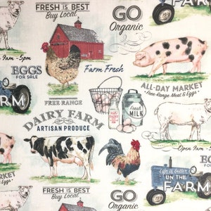 以下が含まれることがあります： 白い背景に、さまざまな農場動物と農場関連のアイテムが描かれています。「Fresh is Best Buy Local」と「Go Organic」というテキストが画像全体に繰り返されています。卵、牛乳、赤い納屋、トラクター、牛、豚、雄鶏、羊、卵の入ったバスケットなどの画像もあります。