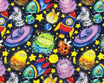 May include: A colorful, whimsical pattern featuring cartoon-like creatures, rockets, and stars on a dark blue background. The design is perfect for fabric, wallpaper, or other creative projects.