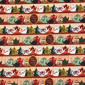 Peut inclure: Motif répété de théières rouges, blanches, vertes et noires, disposées sur des étagères. Certaines théières ont des motifs floraux, et certaines ont des chats. Le texte "There is Always Time for Tea" est affiché dans des cadres ovales.