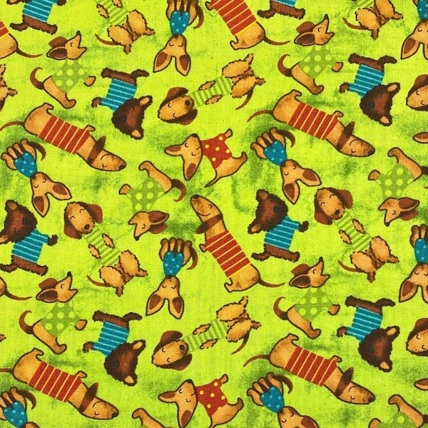 Dachshund Dog Puppy Lime Sewing -Cotton Fabric -Craft Fabric -Quilting Fabric 44" wide