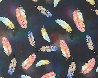 May include: A dark blue background with a repeating pattern of colorful feathers. The feathers are in various shades of blue, pink, yellow, and white.