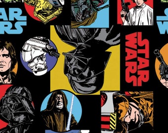 May include: A black background with a colorful pattern of Star Wars characters and logos. The characters include Darth Vader, Yoda, Princess Leia, Han Solo, Chewbacca, R2-D2, C-3PO, and Boba Fett. The logos include "Star Wars" and "Star Wars: The Empire Strikes Back".