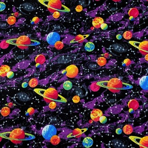Space Galaxy Planets Multicolour Nursery Craft Sewing Quilting Fabric Cotton Sewing Fabric 44" wide
