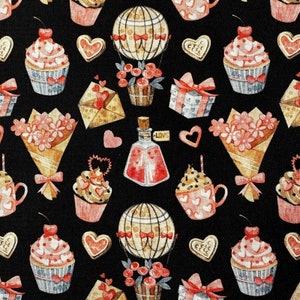 May include: A black background with a repeating pattern of various images including cupcakes, hot air balloons, flowers, hearts, and gift boxes. The images are in shades of pink, red, white, and gold.