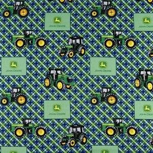 JOHN DEERE Tractor Green Blue Diagonal Plaid Nursery Sewing Craft Quilting Fabric 44“ wide