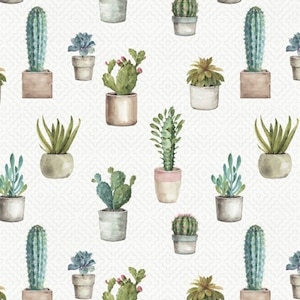 May include: A seamless pattern featuring various types of succulents and cacti in white pots on a white background. The plants are drawn in a watercolour style and include a variety of shapes and sizes.
