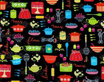 Spoons Ladle Tong Apron Kitchen Utensils Black Sewing Cotton Fabric 44" wide