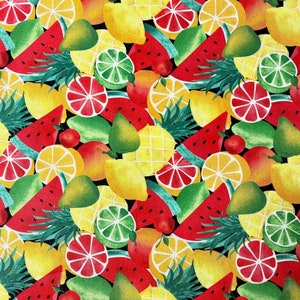 May include: A colourful seamless pattern featuring a variety of fruits, including watermelon, lemons, limes, pineapples, and oranges. The background is a dark green.