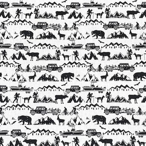 Camping Travel Bear Moose Mountain Black White Cotton Craft Fabric Sewing Material Quilting Fabric 44“ wide
