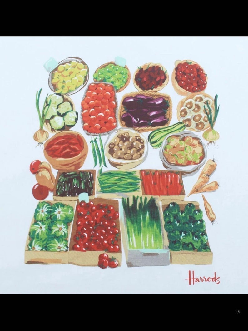 May include: A colorful illustration of a variety of fresh produce in wooden crates, including tomatoes, peppers, onions, eggplant, mushrooms, and green beans. The illustration is labeled "Harrods" at the bottom.