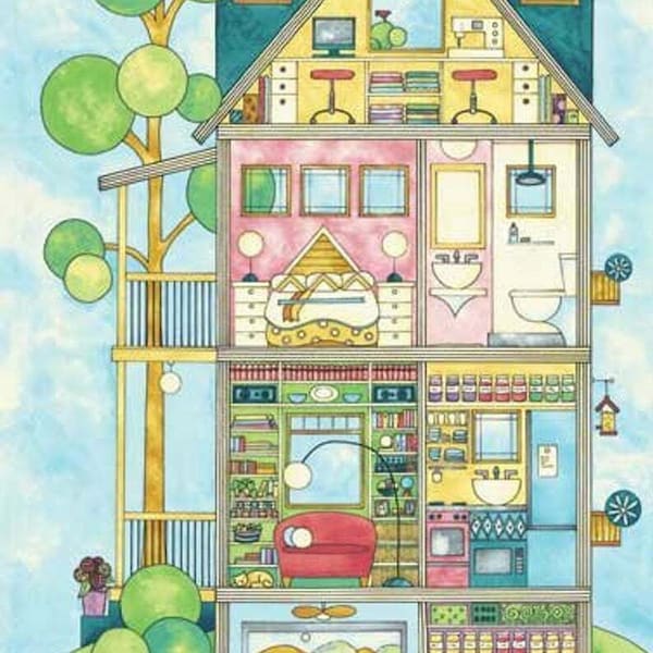 Cartoon Dollhouse Home Home for you and me Stoff Panel Roter Hahn Stoff 22" x 42" (55cm x 105cm)