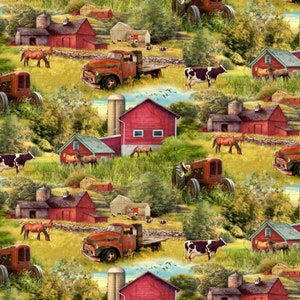 Barns & Red Trucks Nähen Quilten Baumwollstoff durch den halben Hof David Textiles Fabric