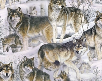 May include: A digital illustration of a snowy woodland scene featuring several grey and brown wolves. The wolves are shown in different positions, some standing, some sitting, and some running. The background is a snowy woodland with trees and bushes.