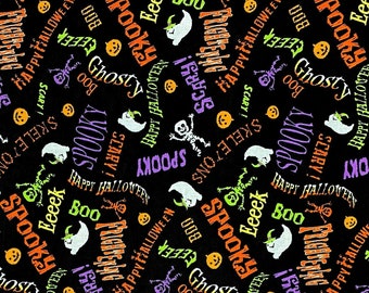 Halloween Schedel en Ghost op Zwarte Kleding Naaien Quilten Aandenken Calico Katoen Stof