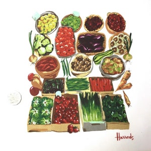 May include: A colorful illustration of a variety of fresh produce, including red peppers, green beans, eggplant, and tomatoes, arranged in a grid pattern. The produce is displayed in small baskets and bowls, with the word "Harrods" in red lettering at the bottom of the image.