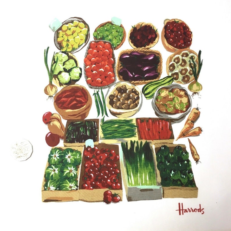 May include: A colorful illustration of a variety of fresh produce, including red peppers, green beans, eggplant, and tomatoes, arranged in a grid pattern. The produce is displayed in small baskets and bowls, with the word "Harrods" in red lettering at the bottom of the image.