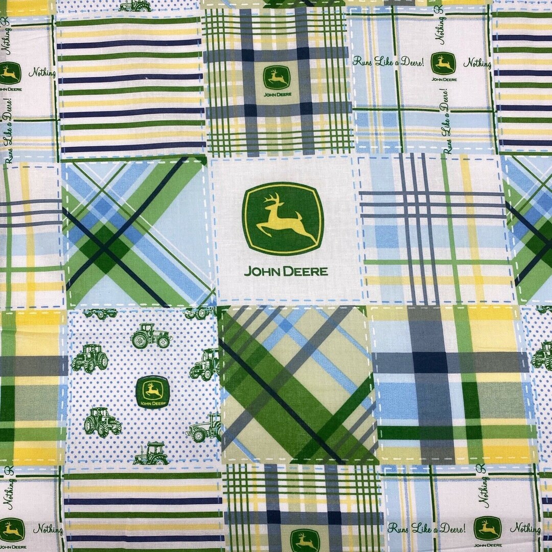 John Deere Madras Plaid Blue Nursery Sewing Craft Quilting Fabric 44