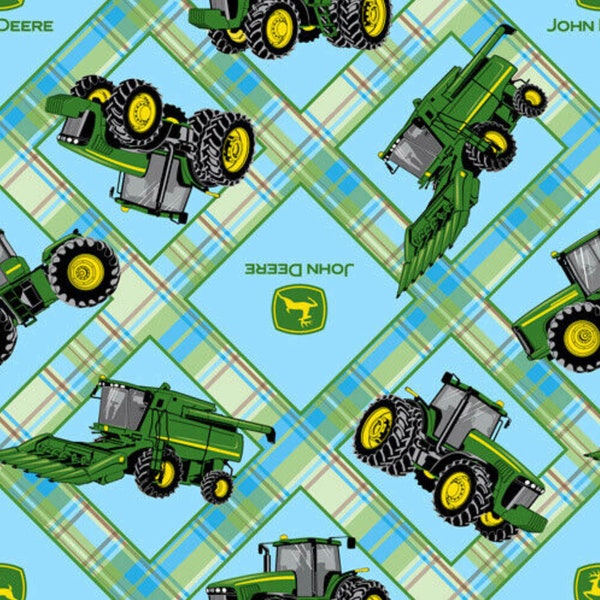 John Deere Traktoren auf kariertem Traktor, Kinderzimmer, Nähen, Basteln, Quilten, Stoff, 111,8 cm breit