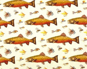 May include: A seamless pattern featuring brown trout fish and colorful fly fishing lures on a cream background.
