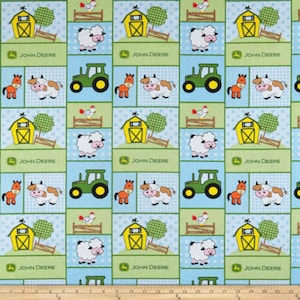 May include: A green, blue and white fabric with a repeating pattern of farm animals, barns, tractors and the John Deere logo.