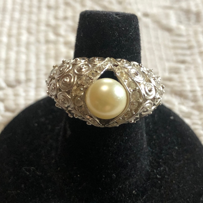 Crown Trifari cocktail silver tone ring with faux pearl and rhinestones image 1