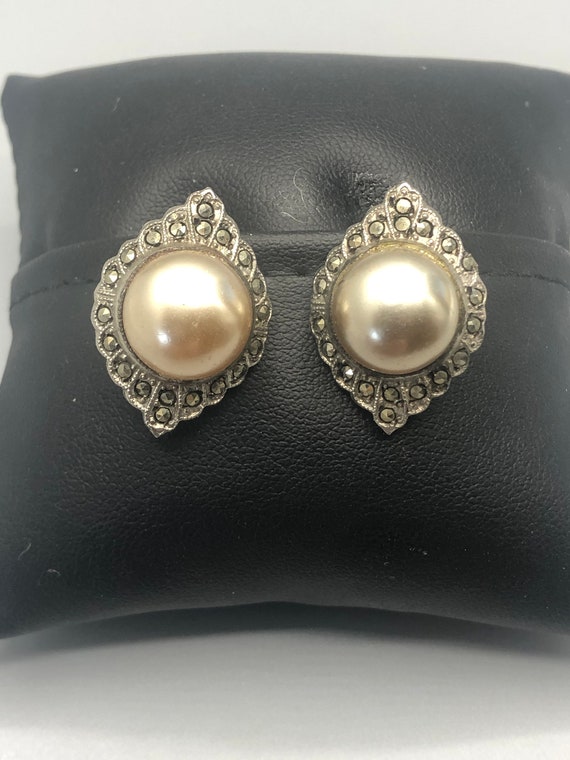 Sterling silver earring with faux pearls and marc… - image 2