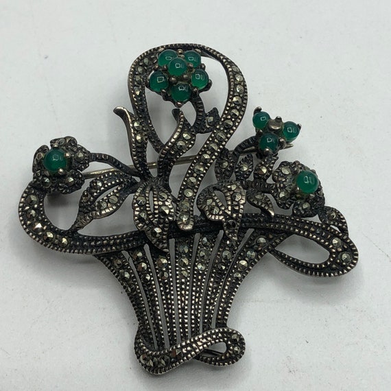 Gorgeous sterling and marcasite basket brooch - image 2