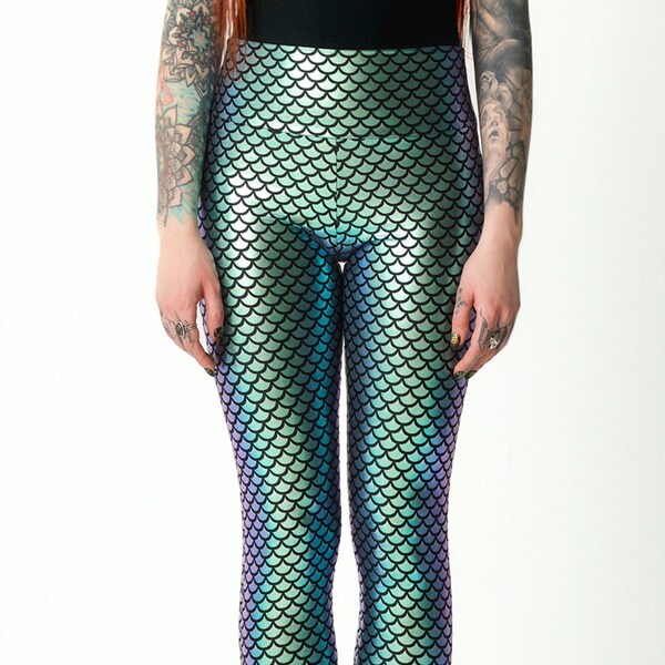 Mermaid Leggings, Holographic Party leggings, Rave party legging, Psy trance clothing, Blue Holographic High Waist Pants, On sale for promo!