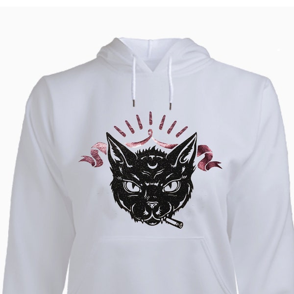 Black Cat -Black Magic Sweatshirt & Hoodie, Pullover, Black Glitter und Rose Gold Details, Weißes Sweatshirt, personalisierte Option !