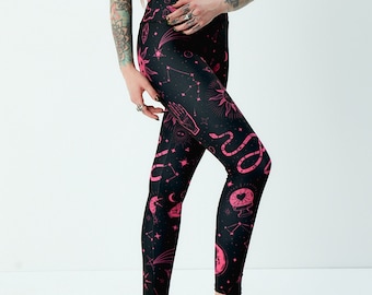 Witchy Leggings Pink and Black ! Zodiac leggings, Astrology leggings, High waisted spandex leggings, Wide Tummy control.
