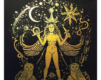 Inanna Goddess GOLD Edition for Altar, Limited Gold Hand made Print on 160 gsm Black Art Paper, Altar Art, Inanna Altar, Enki Altar