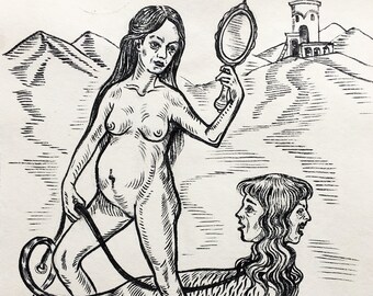 May include: A black and white woodcut illustration of a pregnant woman holding a mirror and a whip. She is standing on a creature with two human heads and a lion's body.
