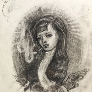 Dibujo a lápiz de grafito, "Ángel humeante", Ángel rebelde, Arte feminista, Ángel sagrado, Derechos de la mujer, Arte original