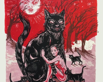 Black Cat Original Screen Print 16"x19", Guardian Spirit Animal - Red & Black / Shcwarze katze, Feminist art,  Witch art, Women's Rights!