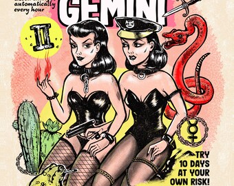 Affiche du zodiaque pin up fille Gémeaux : impression d'art astrologie