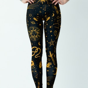 Witch Leggings Black & Yellow Pattern, Now on sale for promotion in short term and FREE Delivery!  Moon and Sun Leggings, Halloween Leggings