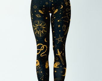 Witch Leggings Black & Yellow Pattern, Now on sale for promotion in short term and FREE Delivery!  Moon and Sun Leggings, Halloween Leggings