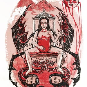 May include: A red and black illustration of a pregnant woman sitting on a throne with a snake wrapped around her feet. She is holding a staff with a crown on top. There are two heads of women with long hair coming out of the snake. The background is a red and pink oval with a mountain and a moon in the background.