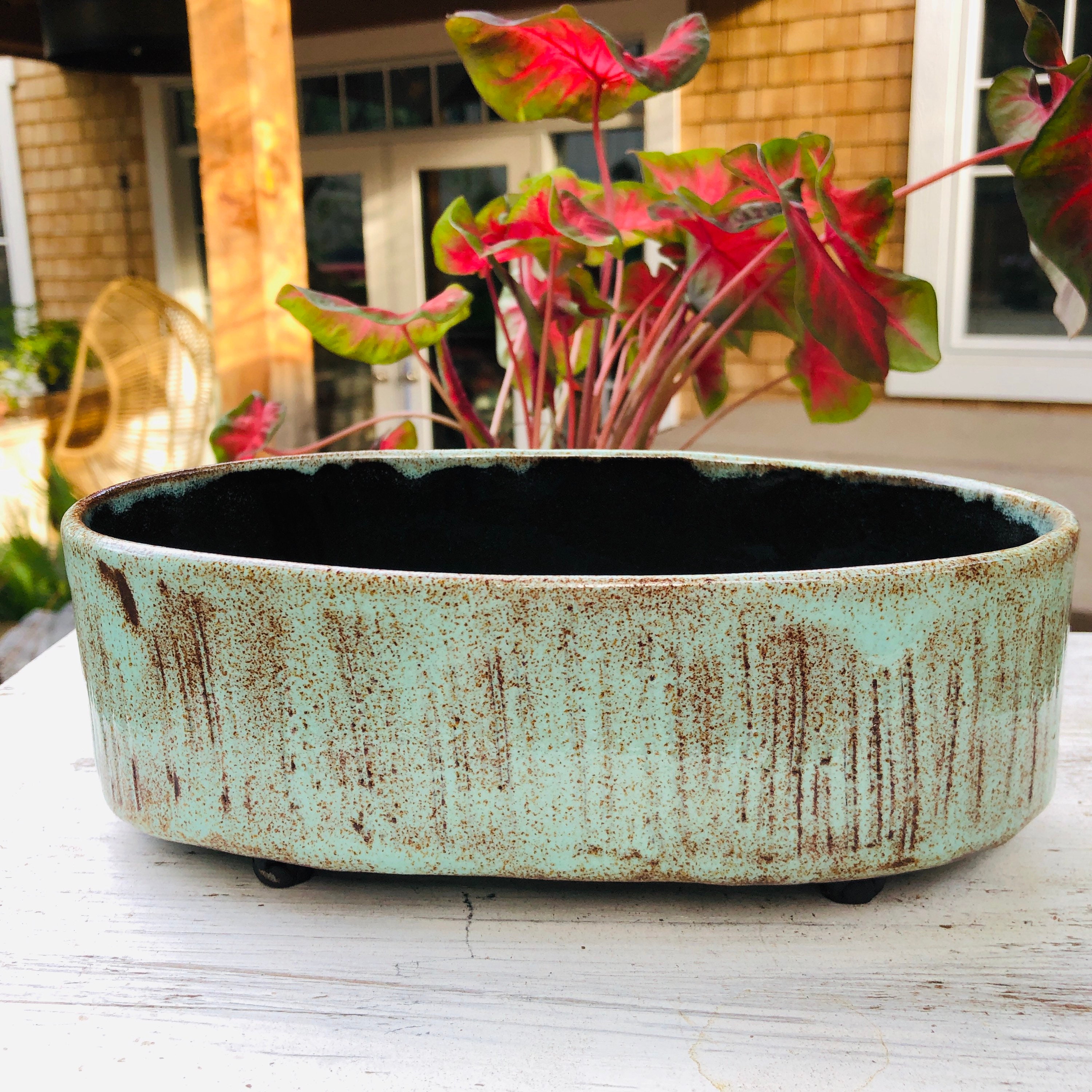 Green Shino Ikebana vesselHand made turquoise shino ikebana base