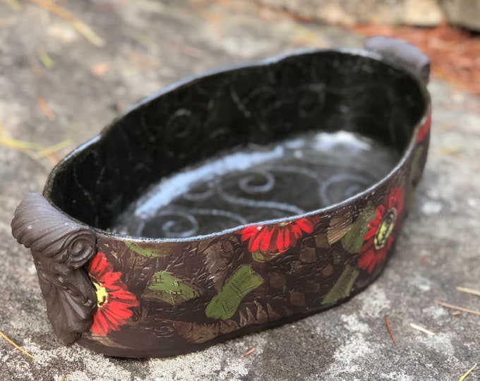 Hand painted pottery casserole-black and red casserole-black casserole-red casserole-black ceramic dishware oval casserole-wedding casserole